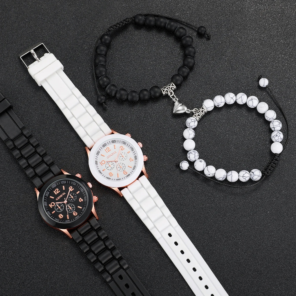 Conjunto de 4 peças: Relógios para casal (estilo fashion com numerais arábicos), relógio feminino de quartzo com pulseira de silicone e pulseiras magnéticas em formato de coração.