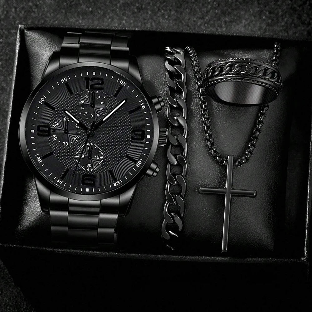 Conjunto de Presente Masculino (4 Peças): Relógio de Quartzo, Pulseira, Colar e Anel – Tendência de Moda.
