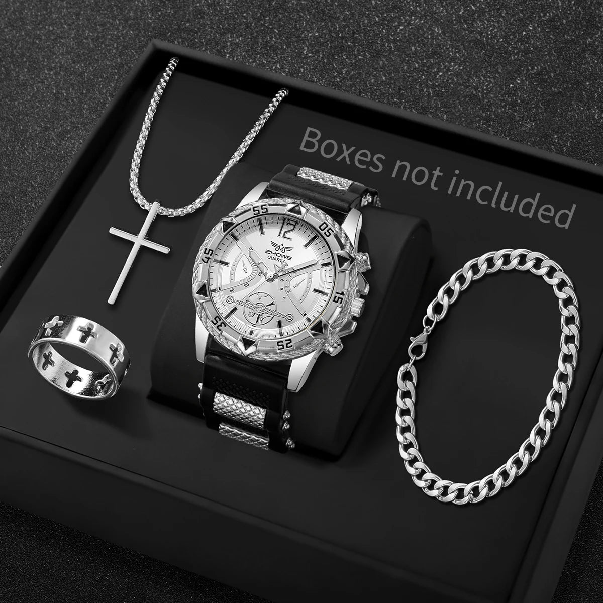 Conjunto de 4 peças: Relógio de quartzo masculino estilo casual/executivo com mostrador de algarismos arábicos e pulseira de silicone