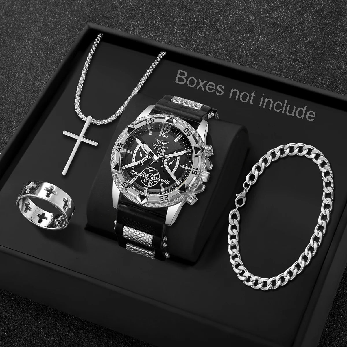 Conjunto de 4 peças: Relógio de quartzo masculino estilo casual/executivo com mostrador de algarismos arábicos e pulseira de silicone