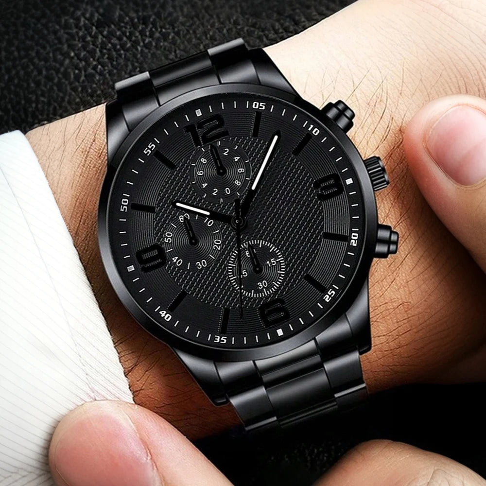 Conjunto de Presente Masculino (4 Peças): Relógio de Quartzo, Pulseira, Colar e Anel – Tendência de Moda.