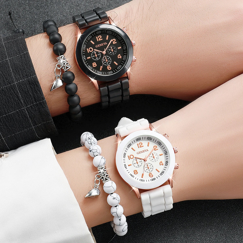 Conjunto de 4 peças: Relógios para casal (estilo fashion com numerais arábicos), relógio feminino de quartzo com pulseira de silicone e pulseiras magnéticas em formato de coração.