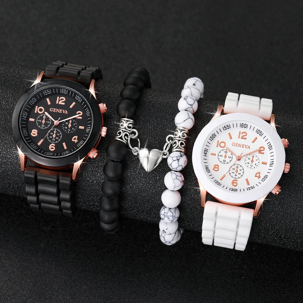 Conjunto de 4 peças: Relógios para casal (estilo fashion com numerais arábicos), relógio feminino de quartzo com pulseira de silicone e pulseiras magnéticas em formato de coração.
