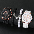Conjunto de 4 peças: Relógios para casal (estilo fashion com numerais arábicos), relógio feminino de quartzo com pulseira de silicone e pulseiras magnéticas em formato de coração.
