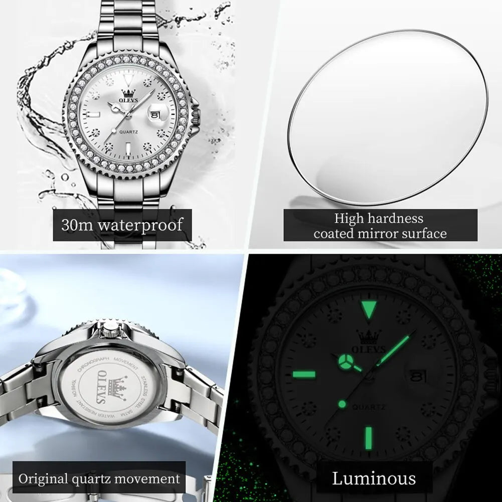 Relógio de Quartzo Feminino OLEVS Original com Mostrador de Diamante
