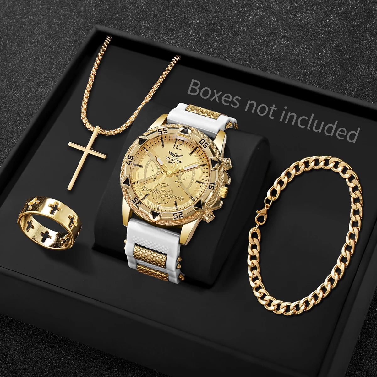 Conjunto de 4 peças: Relógio de quartzo masculino estilo casual/executivo com mostrador de algarismos arábicos e pulseira de silicone