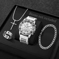 Conjunto de 4 peças: Relógio de quartzo masculino estilo casual/executivo com mostrador de algarismos arábicos e pulseira de silicone + colar (sem caixa)