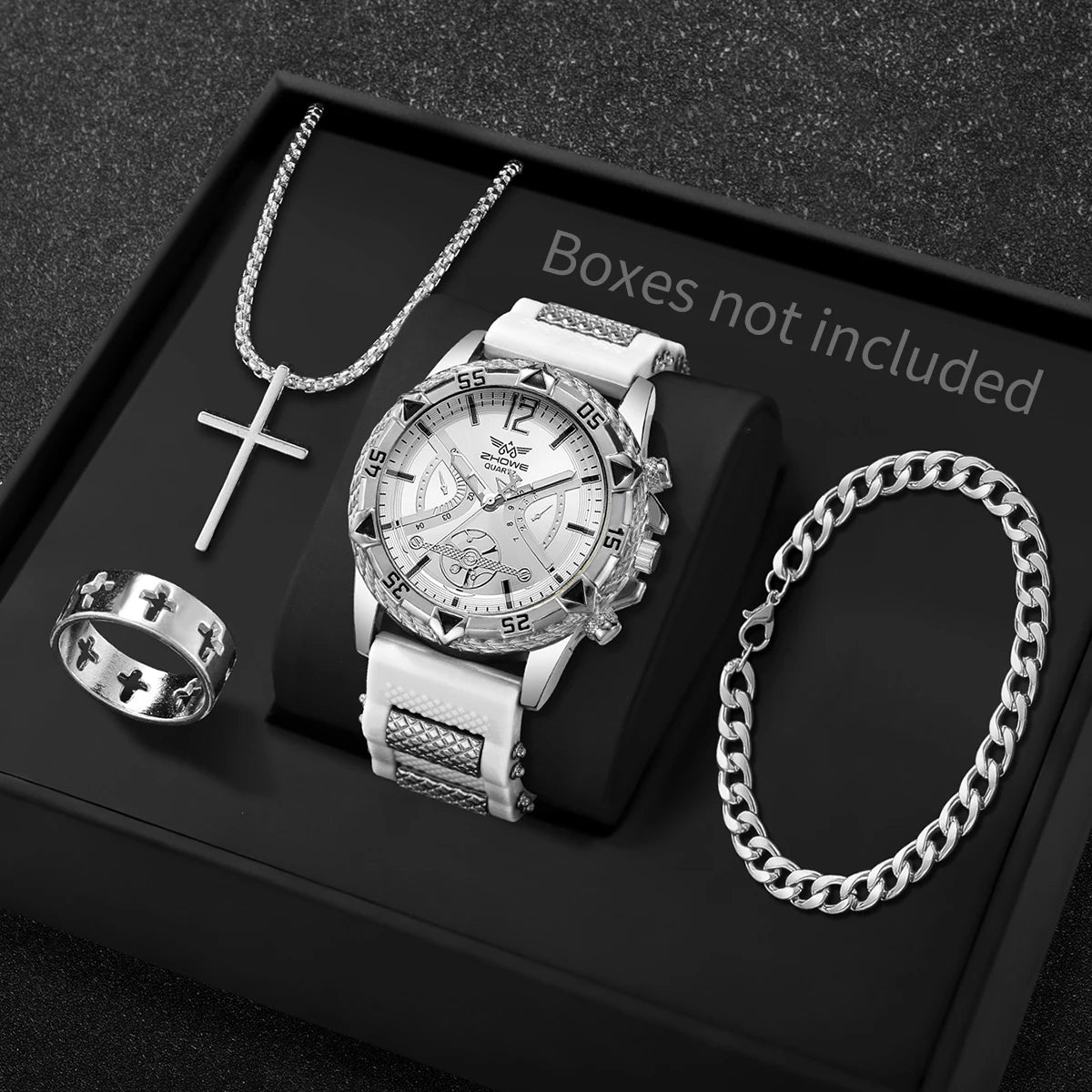 Conjunto de 4 peças: Relógio de quartzo masculino estilo casual/executivo com mostrador de algarismos arábicos e pulseira de silicone + colar (sem caixa)