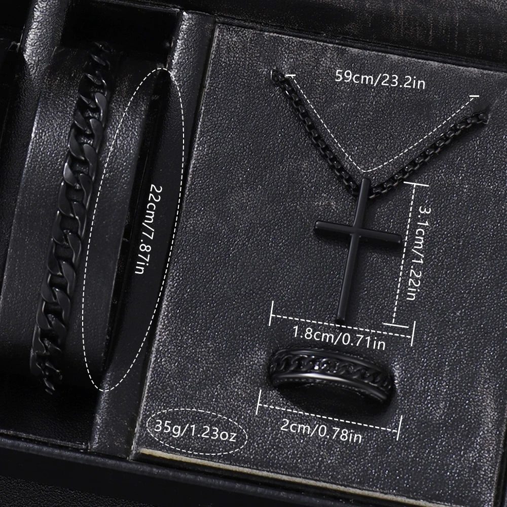 Conjunto de Presente Masculino (4 Peças): Relógio de Quartzo, Pulseira, Colar e Anel – Tendência de Moda.