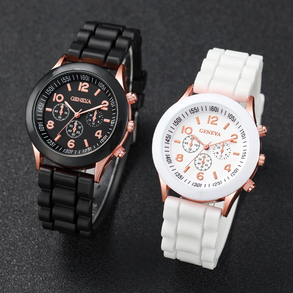Conjunto de 4 peças: Relógios para casal (estilo fashion com numerais arábicos), relógio feminino de quartzo com pulseira de silicone e pulseiras magnéticas em formato de coração.