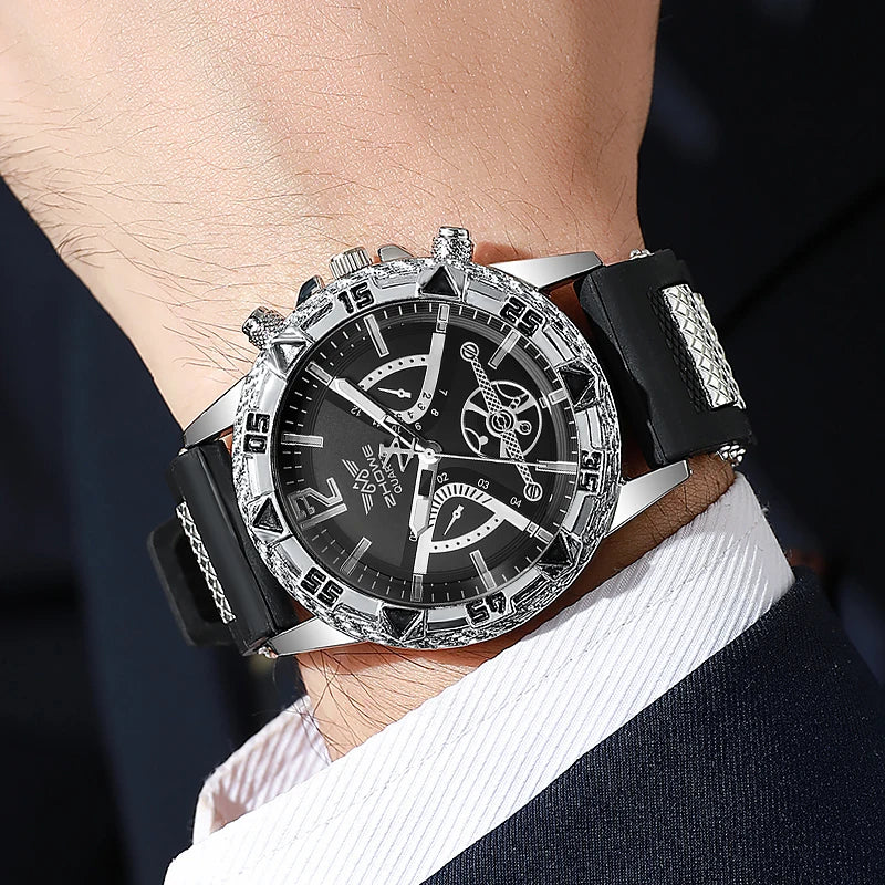 Conjunto de 4 peças: Relógio de quartzo masculino estilo casual/executivo com mostrador de algarismos arábicos e pulseira de silicone + colar (sem caixa)