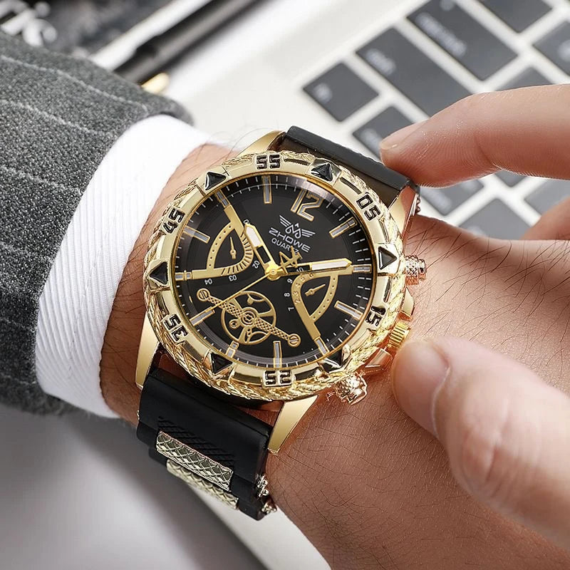 Conjunto de 4 peças: Relógio de quartzo masculino estilo casual/executivo com mostrador de algarismos arábicos e pulseira de silicone + colar (sem caixa)