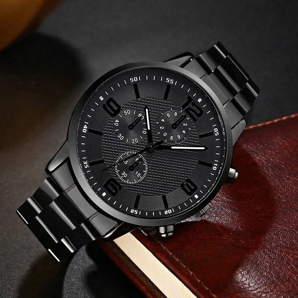 Conjunto de Presente Masculino (4 Peças): Relógio de Quartzo, Pulseira, Colar e Anel – Tendência de Moda.