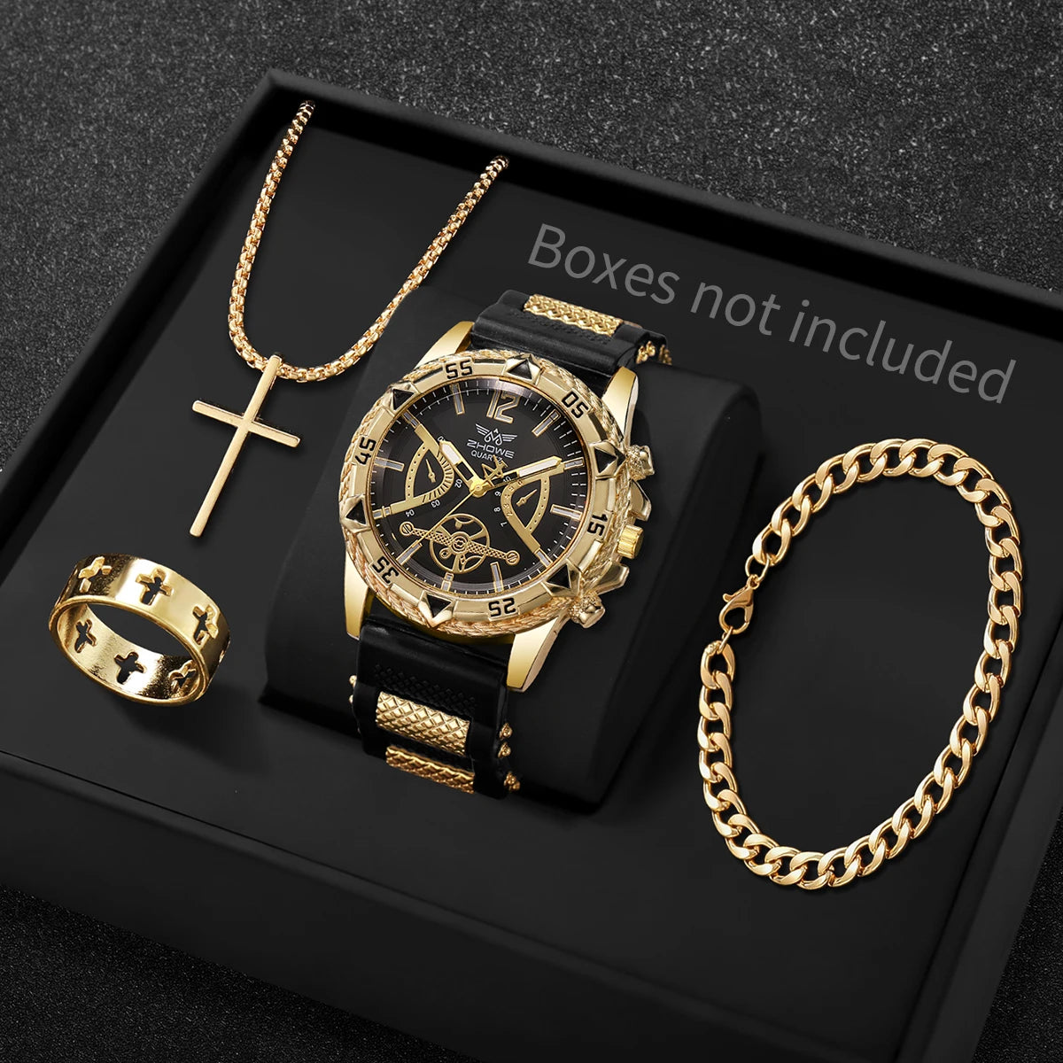 Conjunto de 4 peças: Relógio de quartzo masculino estilo casual/executivo com mostrador de algarismos arábicos e pulseira de silicone