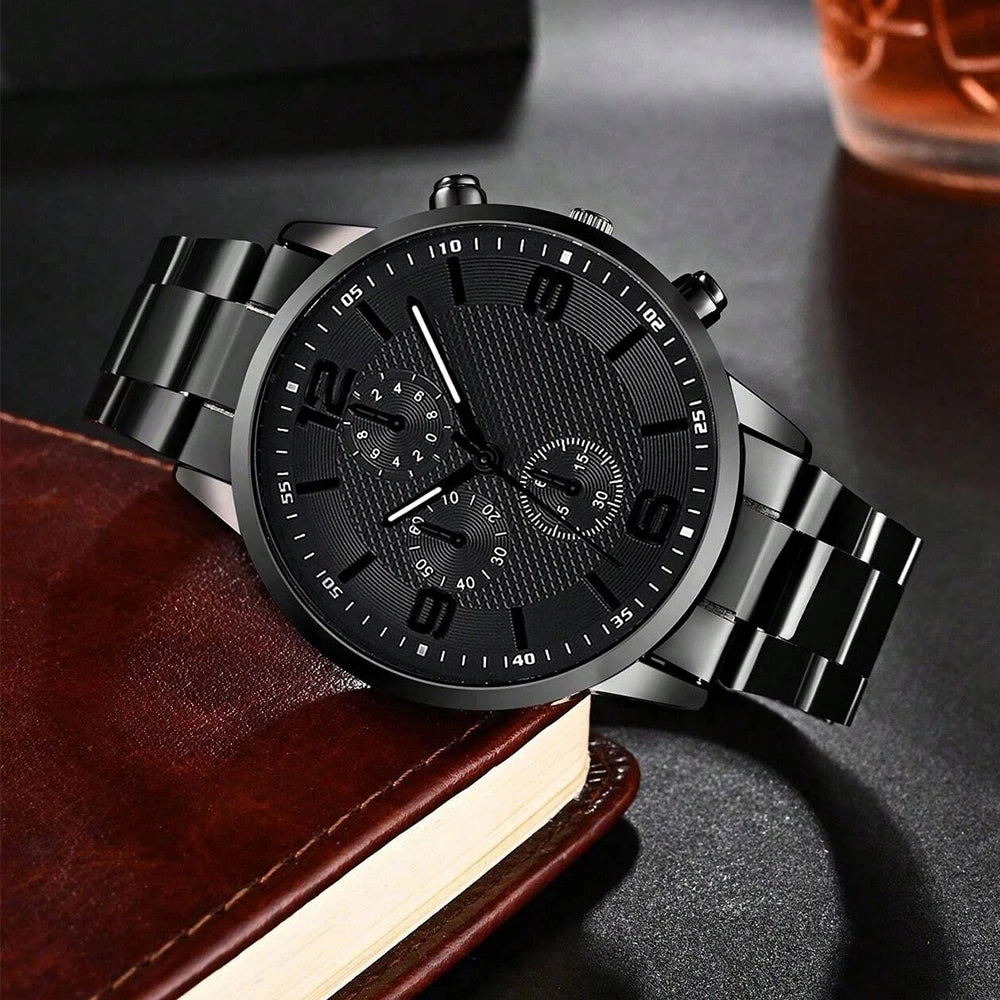 Conjunto de Presente Masculino (4 Peças): Relógio de Quartzo, Pulseira, Colar e Anel – Tendência de Moda.