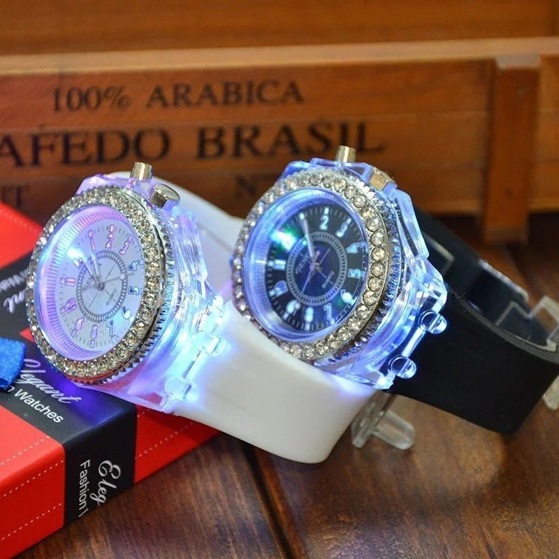Relógio de Pulso de Silicone com Luz LED e Strass – Unissex (Adultos e Crianças) – Estilo Fashion
