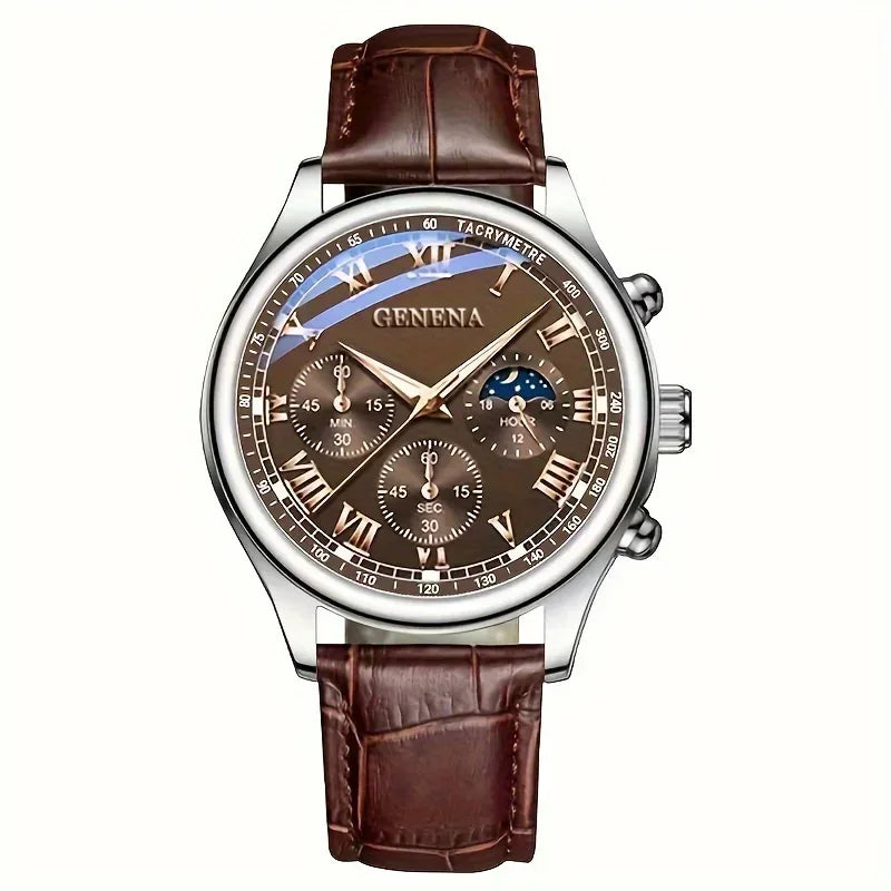Relógio Masculino de Pulso Analógico a Quartzo com Mostrador de Algarismos Romanos, Pulseira de Couro e Estilo Casual/Executivo (Sem Caixa)