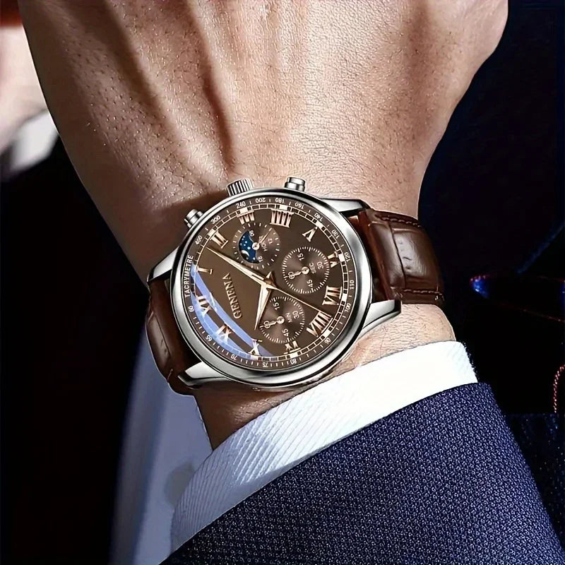 Relógio Masculino de Pulso Analógico a Quartzo com Mostrador de Algarismos Romanos, Pulseira de Couro e Estilo Casual/Executivo (Sem Caixa)