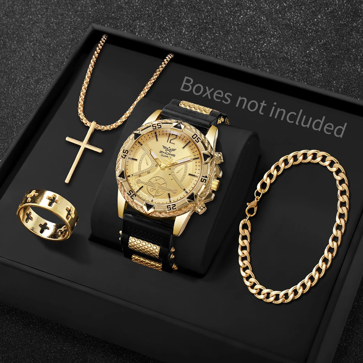 Conjunto de 4 peças: Relógio de quartzo masculino estilo casual/executivo com mostrador de algarismos arábicos e pulseira de silicone